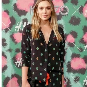 KENZO X H&M Black Silk Patterened Button Down Shirt Size 2